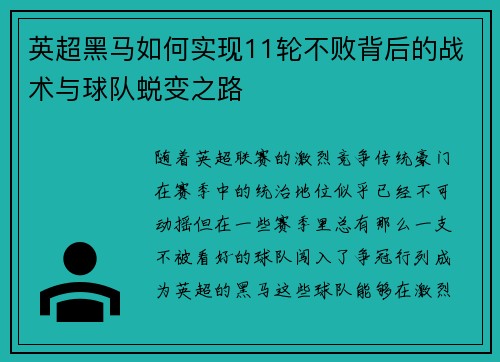 英超黑马如何实现11轮不败背后的战术与球队蜕变之路